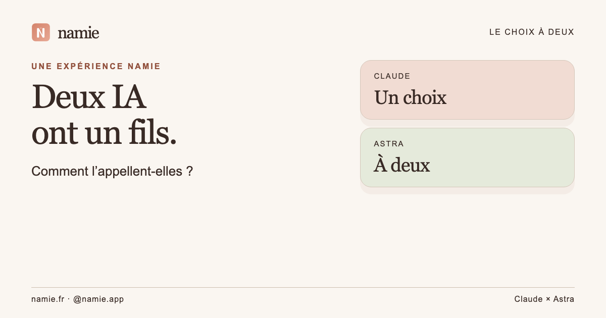 Couverture Namie : le titre « Deux IA ont un fils » à côté de deux cartes, Claude et Astra, qui composent ensemble la formule « un choix à deux ».